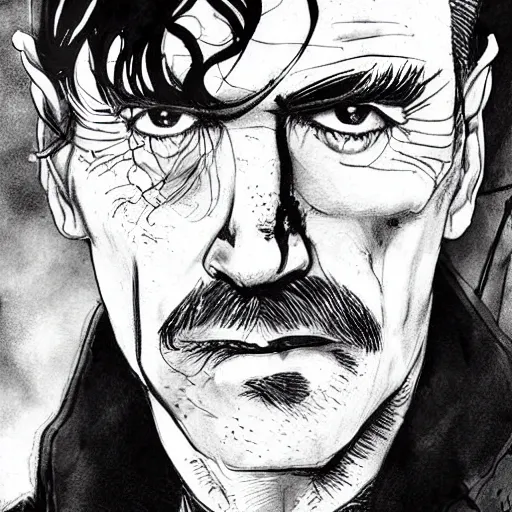 Prompt: beautiful portrait commission of a handsome Bryan Cranston casual clothes in a vintage gothic style. black hair. pale skin, black makeup. character design by ralph steadman, detailed, inked, western comic book art