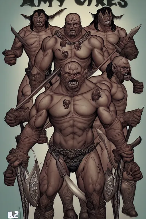 Prompt: comic cover art of an army of orcs, facing the viewer, high fantasy digital illustration, by jenny frison and sana takeda, intricate details, stunning inking lines, flat colors, 4 k, hd, artstation