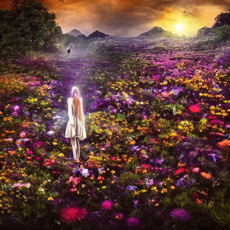 Image similar to a planet of various flowers, fungus and plants, in which the singular human figure is dressed in something magical and impressive, inside the picture is infinity, sunset light, Atmospheric phenomenon, artistic photography, muted colors, conceptual, long exposure outside the city, volumetric light