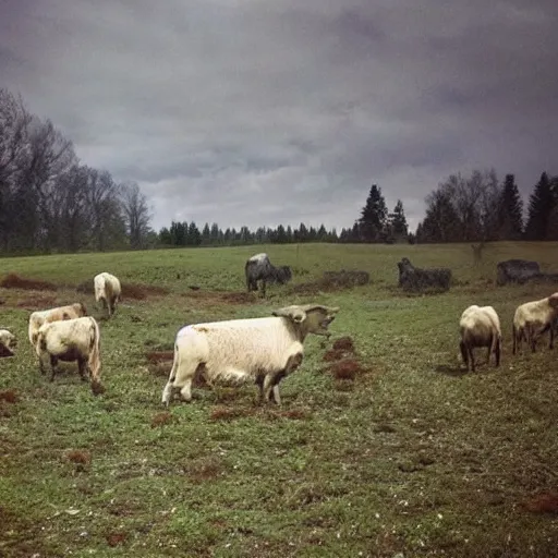 Prompt: a lonely bull in the meadow a herd of cows in the pasture chicken in the coop a flock of sheep in the field a pack of wolves in the forest