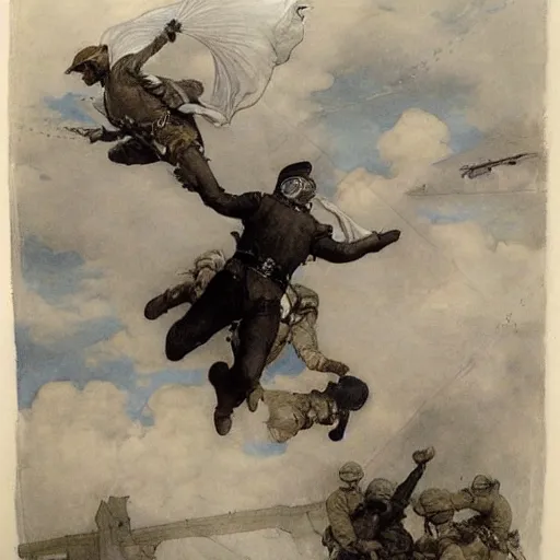 Image similar to airborne paratroopers jumping from parachutes, style of arthur rackham and eugene de blaas and frederic leighton