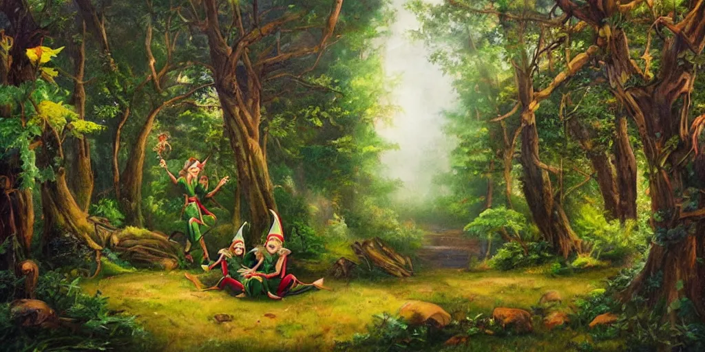 Image similar to painting of elves in a beautiful forest landscape