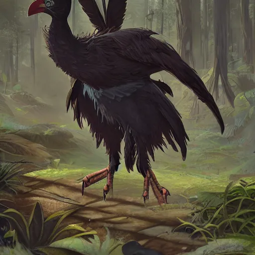 Image similar to concept art painting of an anthropomorphic humanoid crow, with steampunk clothes, in the deep forest, realistic, detailed, cel shaded, in the style of makoto shinkai and greg rutkowski and james gurney