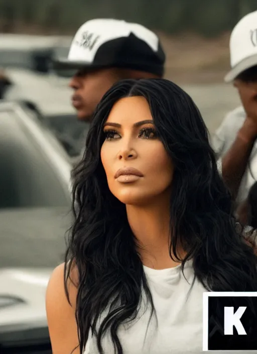 Prompt: film still of kim kardashian as eazy e in straight outta compton, cinematic lighting,