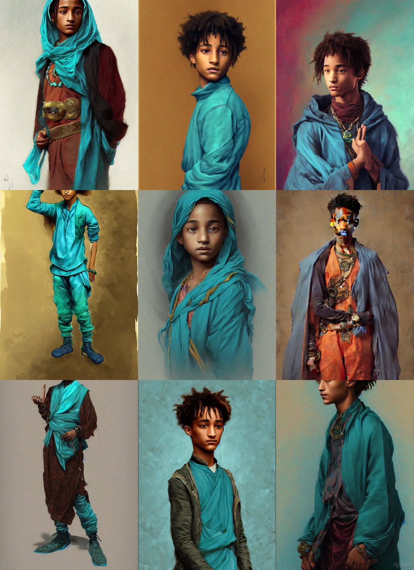 Prompt: jaden smith young libyan, teal cloth, butch cut, intricate, dark, highly detailed, digital painting, artstation, sharp focus, illustration, orientalism, bouguereau, rutkowski, mucha