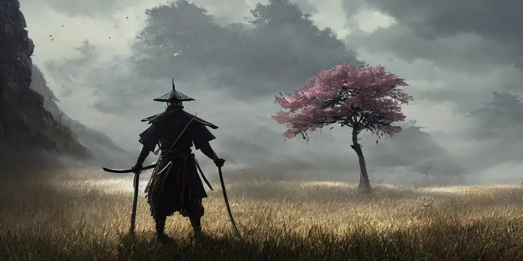 Image similar to an environmental concept art of ghost of tsushima, samurai duel, sakura petals blowing in the wind, highly detailed, environmental light, cinematic by francis tneh