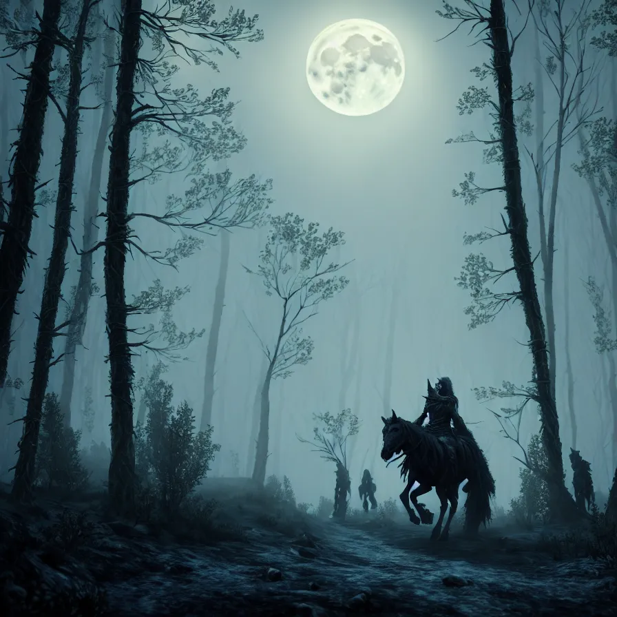 Image similar to the wild hunt, spectral riders in the full moon, lurking creepy woods, shadow creatures, dark enchanted forest, blizzard, fog, treacherous road, uneasy atmosphere, from the witcher series, cinematic, arnold gpu + octane workflow, 8 k, unreal 5, hyperrealist, intricate digital art, volumetric lighting, trending artstation, dark fantasy