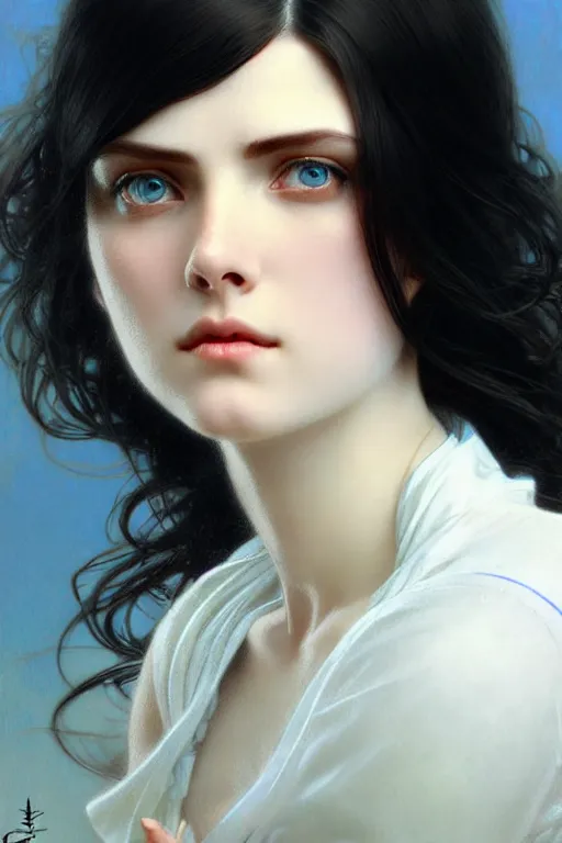 Image similar to ultra realistic, Beautiful black haired woman, Porcelain white complexion, big blue eyes, cute small lips., wearing jeans and white blouse, whip in hand, intricate details, eerie, highly detailed, octane render, 8k, art by artgerm and alphonse mucha and greg rutkowski