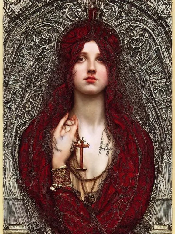 Prompt: a beautiful render of a catholic veiled red queen with symmetry intricate detailed ,heart sculpture,by Lawrence Alma-Tadema,,aaron horkey,Billelis,trending on pinterest,hyperreal,jewelry,gold,intricate,maximalist,glittering,golden ratio,cinematic lighting