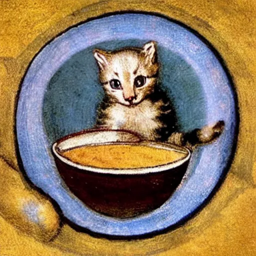 Image similar to baby kitten on a bowl of soup, medieval art