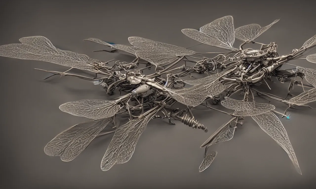 Prompt: diagram of a Mechanical dragonfly, photorealistic, elaborate, highly detailed, octane render, style by Richard Estes,