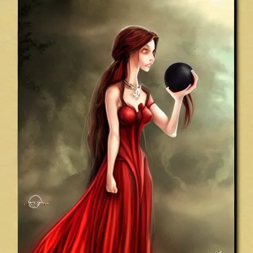 Prompt: a woman in a long dress holding a ball in her hand, concept art by anne stokes, featured on cgsociety, fantasy art, wiccan, dark and mysterious, mystical