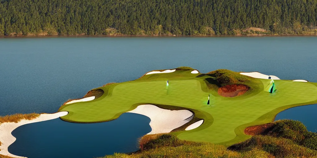 Image similar to a great photograph of the most amazing golf hole in the world completely surrounded by water, calm water, perfect light, ambient light, miniature, tilt shift lens, golf digest, top 1 0 0, fog