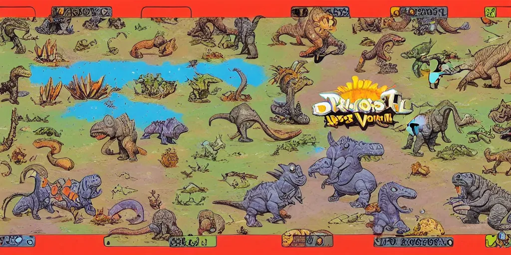 Image similar to top down fantasy roll - playing game from 1 9 8 7, dinosaurs in space village adventure, in the style of 8 - bit game ultima 4