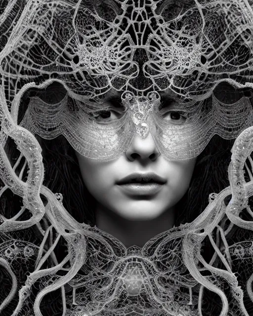 Prompt: surreal mythical dreamy artistic black and white fine art photo of a beautiful young female queen - medusa - cyborg covered with lace fish scales and translucent algae, highly detailed, intricate crystal ivy lace jelly fish scales ornate, poetic, octane render, 8 k, photo - realistic