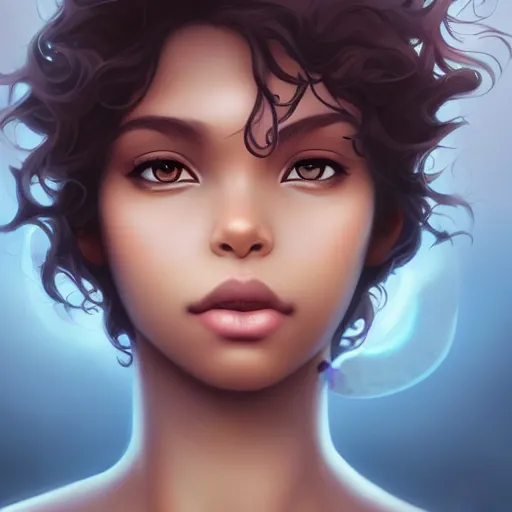 Prompt: beautiful portrait of an dark-brown skinned river angel with curly hair, character design by charlie bowater, ross tran, artgerm, and makoto shinkai, highly detailed, soft lighting