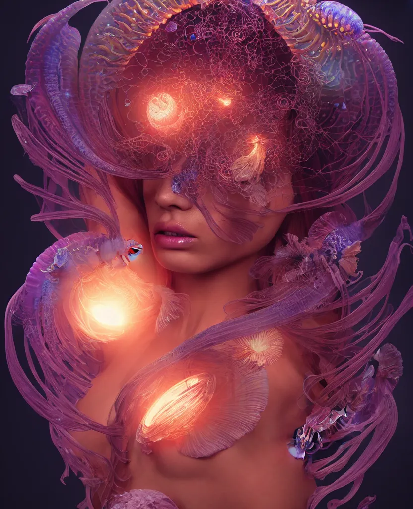 Image similar to goddess close-up portrait. chimera orchid jellyfish phoenix head, nautilus, skull, betta fish, bioluminiscent creatures, intricate artwork by Tooth Wu and wlop and beeple. octane render, trending on artstation, greg rutkowski very coherent symmetrical artwork. cinematic, hyper realism, high detail, octane render, 8k