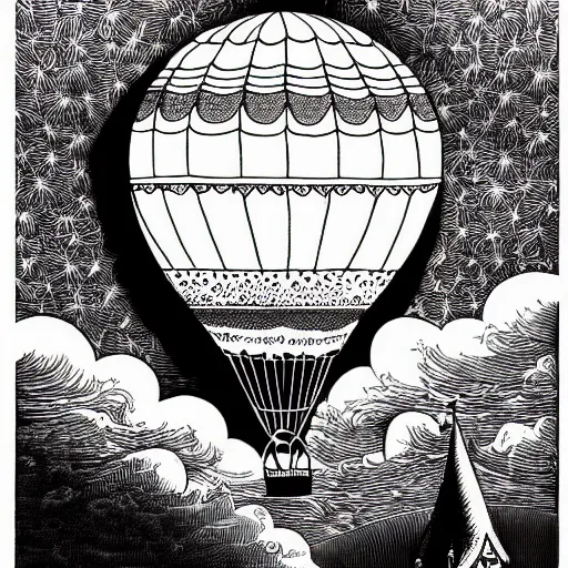 Prompt: a small victorian air balloon over a fantasy landscape, line art illustration by joe fenton , black and white, intricate details