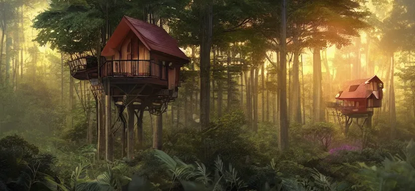 Image similar to sustainable treehouses single family homes powered completely by renewable energy in a densely populated forest a digital illustration by jordan grimmer, trending on artstation, ray tracing on, unreal engine