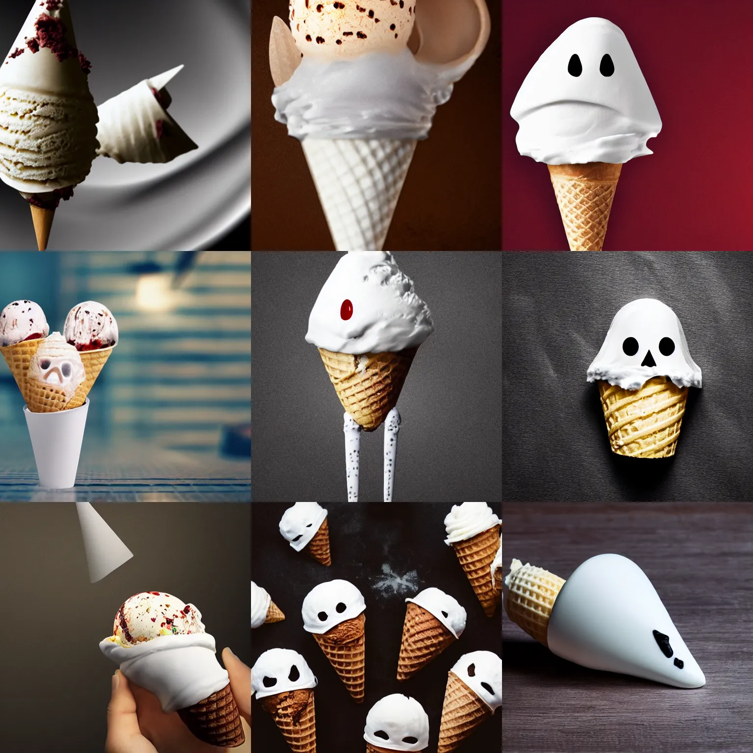 Prompt: a photo realistic image of an ice cream scoop in a cone shaped like ghost face scream film