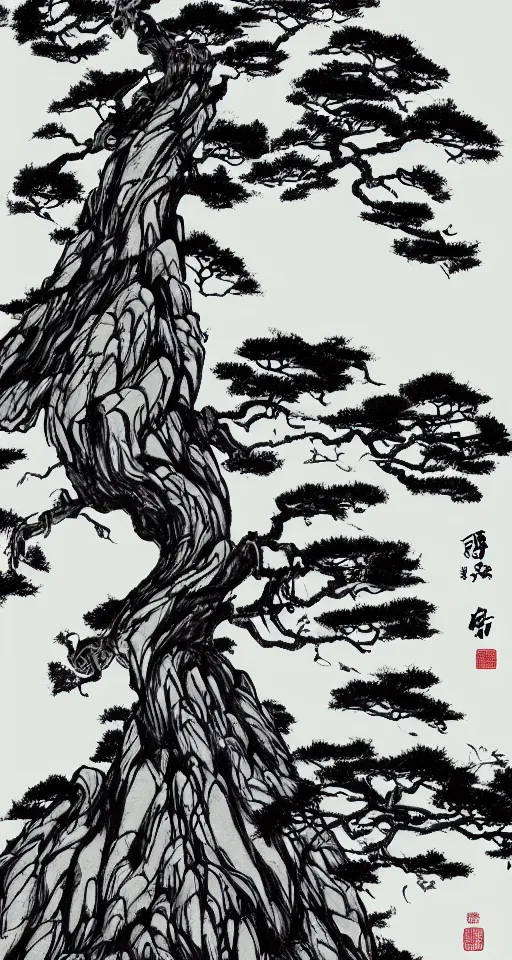 Prompt: huangshan mountain, illustration, kung fu panda, higashiyama kaii - sankyo, black ink illustration, magical, tree greeting