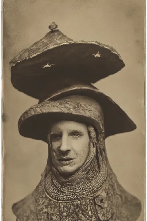 Image similar to a wet plate photo of a snake wearing a jester hat