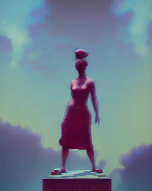 Image similar to a painting of a woman standing in front of a statue, a screenshot by stanley twardowicz, cgsociety, aestheticism, aesthetic, vaporwave, anime aesthetic