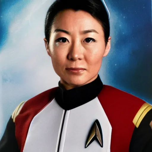 Prompt: portrait of the federation flight deck officer tanigawa yumiko, star trek universe, realistic photo