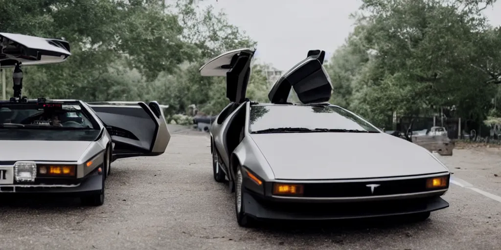 Image similar to a single delorean and tesla roadster hybrid, dslr