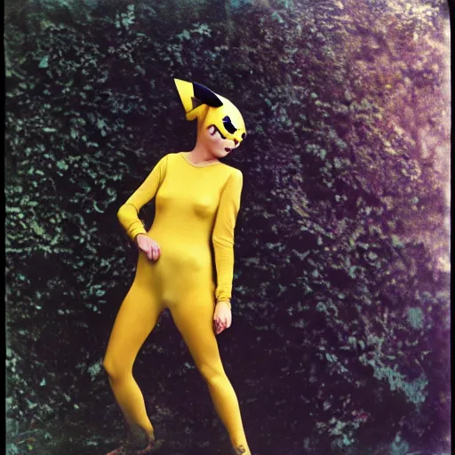 Image similar to elegant woman in a cosplay costume of pikachu, art photo by Annie Liebovitz and David Hamilton and Alphonse Mucha