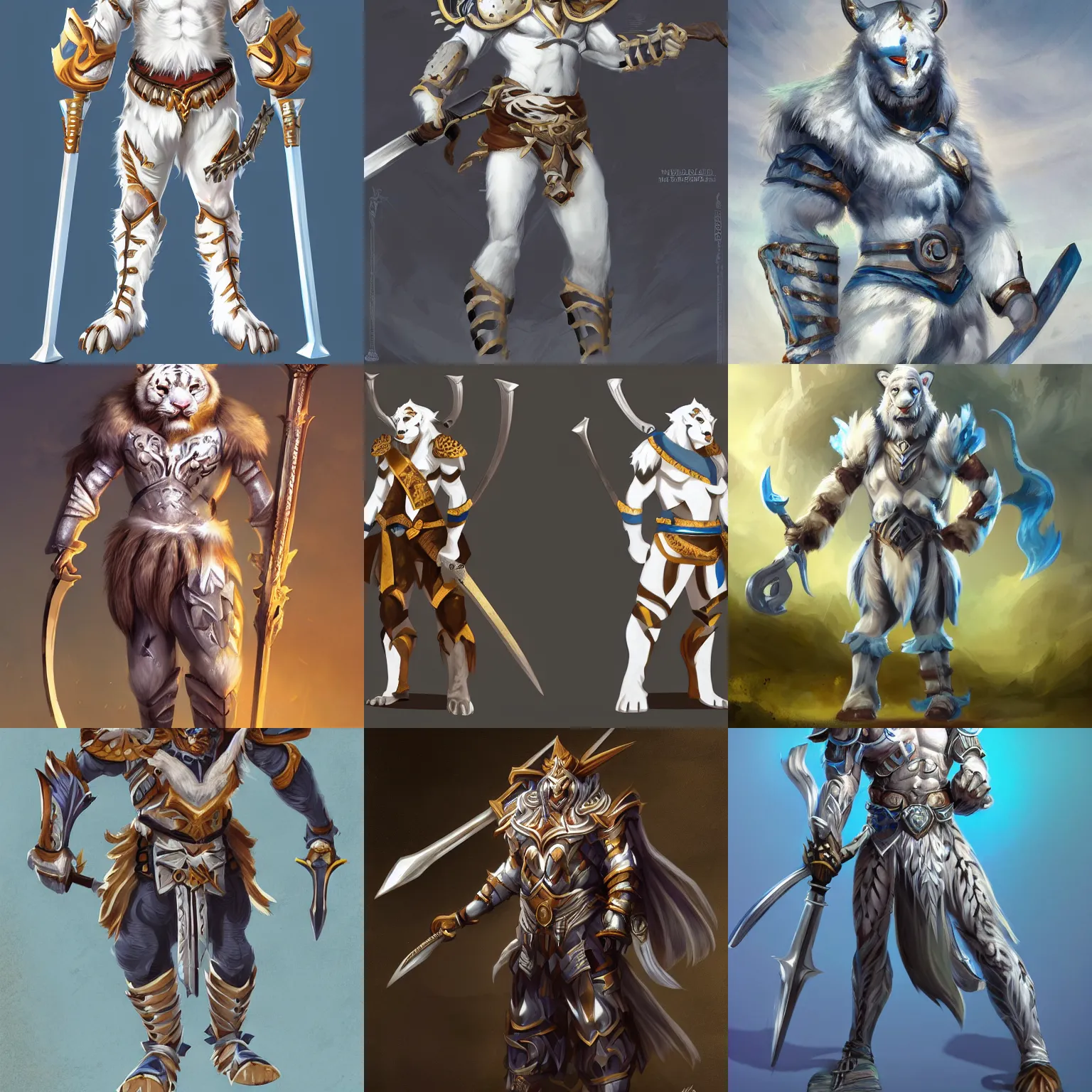 Image similar to A full body shot of an anthropomorphic bipedal white tiger with blue eyes wearing light barbarian armor, equipped with a very large two-handed sword, digital painting, artstationHQ