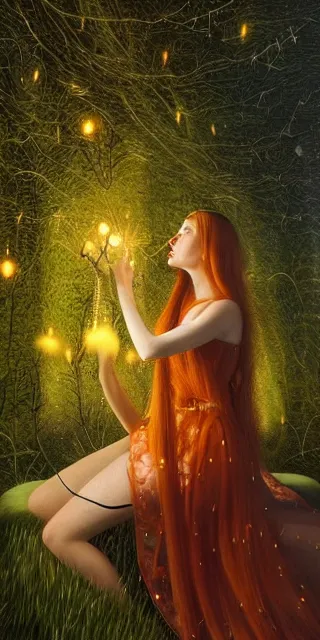 Prompt: a totally enchanted young woman surrounded by golden firefly lights in a mesmerizing scene, sitting amidst nature fully covered, intricate detailed dress, long loose red hair, precise linework, accurate green eyes, small nose with freckles, smooth oval head, expressive emotions, hyper realistic ultrafine portrait by artemisia gentileschi, jessica rossier, artgerm