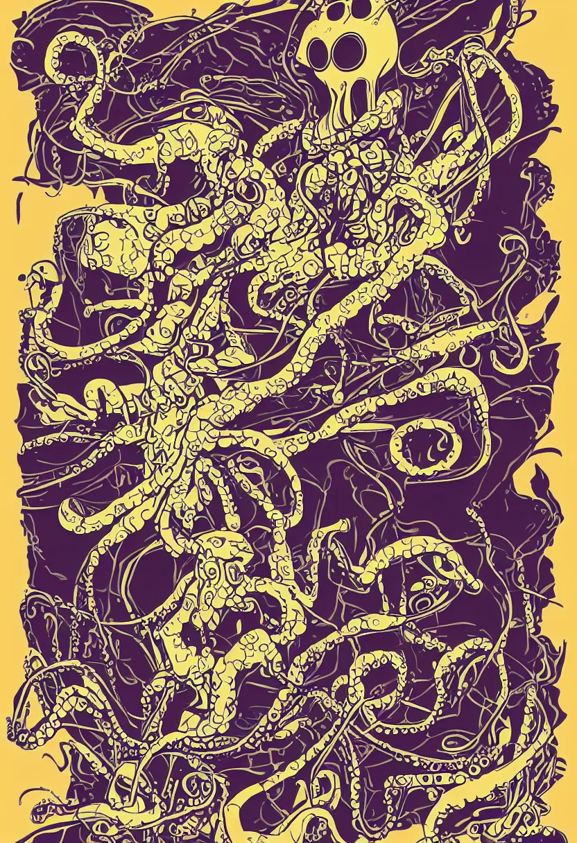 Image similar to concert poster for band named 'Grandpa Finger', robotic octopus, vector art, sticker design, 8k, highly detailed