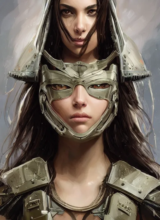 Prompt: a professional portrait of an attractive young girl, partially clothed in battle armor, olive skin, long dark hair, beautiful bone structure, symmetrical facial features, intricate, elegant, digital painting, concept art, smooth, sharp focus, finely detailed illustration, beautifully framed, from Metal Gear, in the style of Artgerm and Greg Rutkowski and William-Adolphe Bouguerea