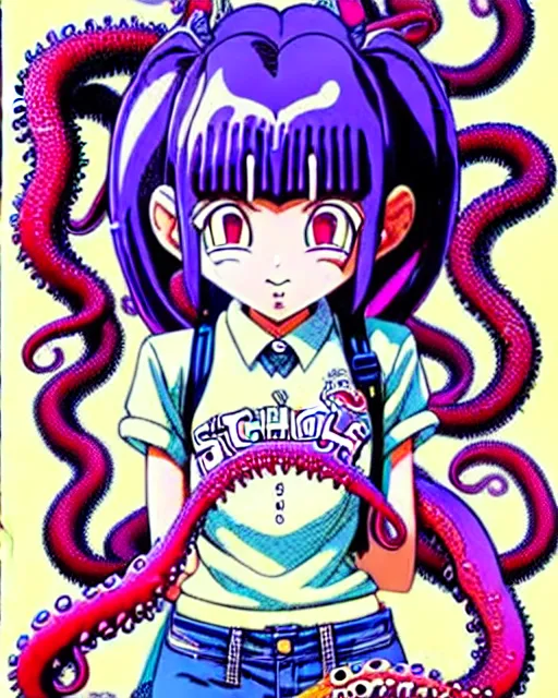 Image similar to a richly detailed color  illustration depicting a pretty teenage girl as a cute prep highschool student surrounded by slimy tentacles. 3D shadowing effect, ultra ornate detail. masterfully illustrated by Akira Toriyama and Mina Petrovic and Range Murata.