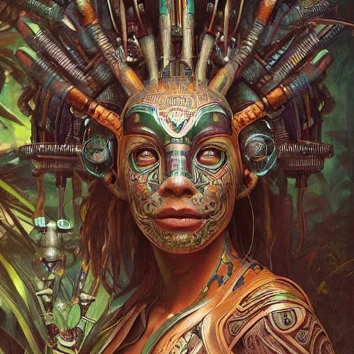 Image similar to An Alien Robot Mayan Ruler, facial tattoos, artists portrait, biomechanical, wild jungle, fantasy, highly detailed, digital painting, concept art, sharp focus, depth of field blur, illustration, art by artgerm and greg rutkowski and alphonse mucha