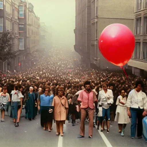 Image similar to A large group of people parading through the street holding balloons, there are a lot of ballons, calm afternoon, overcast day, 1980s.