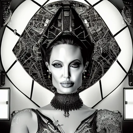 Image similar to the portrait of an absurdly elegant, sophisticated, fashionable ottomanpunk robotess idol, an ultrafine hyperdetailed illustration of angelina jolie by kim jisu, intricate linework, neon wiring, electronics, porcelain skin, unreal engine 5 highly rendered, global illumination, radiant light, detailed and intricate environment, by rutkowski, artgerm, marvel comics