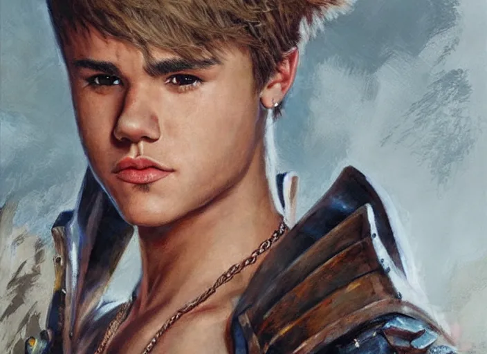 Image similar to a highly detailed beautiful portrait of justin bieber as kratos, by gregory manchess, james gurney, james jean