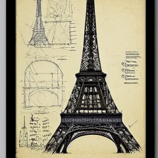 Image similar to eiffel tower schematics sketched by leonardo da vinci