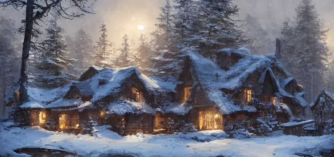 Prompt: snowy cozy home by a small river in a forrest in canadian mountains in the evening sun, by philippe gare, artstation, greg rutkowski