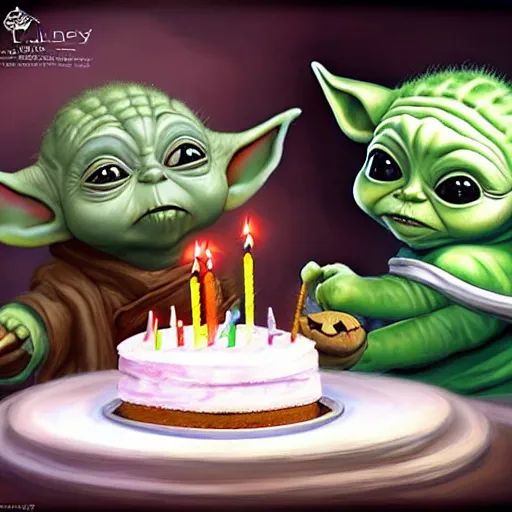 Image similar to (baby yoda) smashing his hand into his birthday cake with candles, mischievous, inquisitive, devious, hilarious, funny, by Tyler Edlin