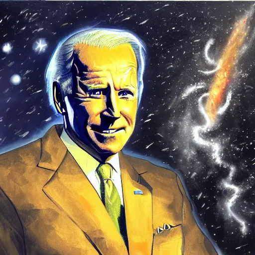 Prompt: dark, evil joe biden standing in front of the collapse of the universe, painting, trending on art station, high quality