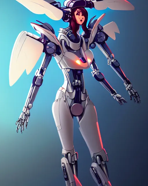 Image similar to uncropped retro feminine mecha ( with futuristic jet armor and wings ) with a heart visor helmet, symphogear, full body character portrait, hi - tech, trending on artstation, raver armor, digital painting, concept art, sharp focus, illustration, art by wlop and greg rutkowski