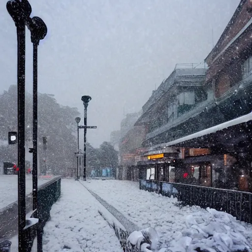 Prompt: sydney city scape, winter wonderland, snowfall, blizzard, inclement weather