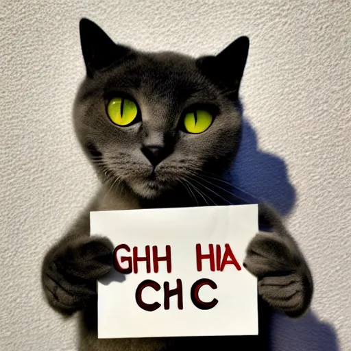 Prompt: realistic high quality photo of a cute dark grey cat and light grey cat holding a sign with text that reads : c h a d,