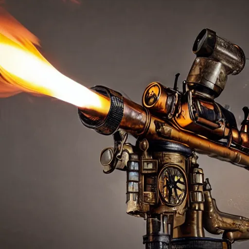 Image similar to long shot photo of a steampunk flamethrower