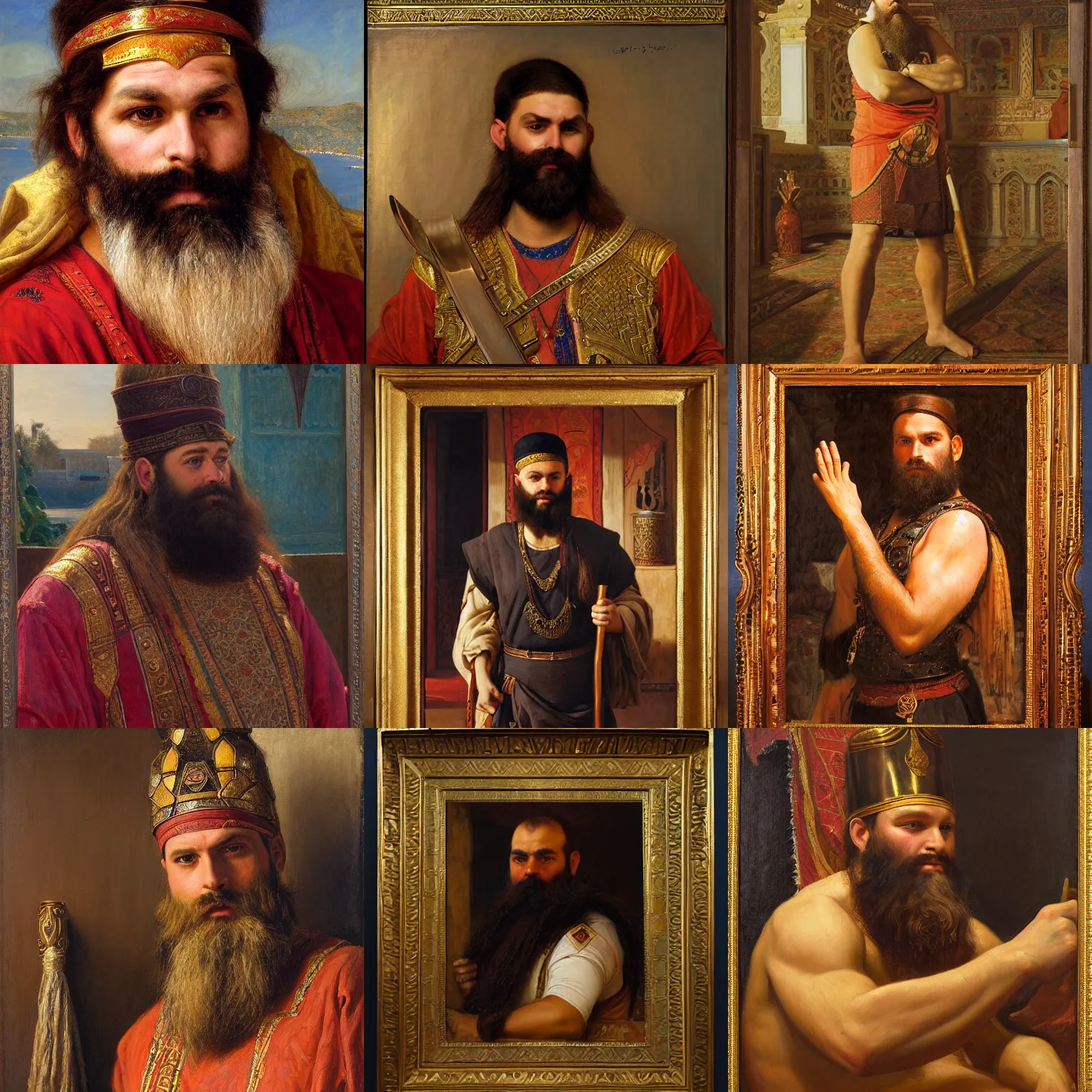 Prompt: orientalism portrait of a bearded varangian guard by edwin longsden long and theodore ralli and nasreddine dinet and adam styka, masterful intricate art. oil on canvas, excellent lighting, high detail 8 k