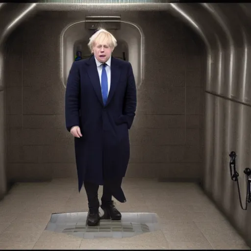 Image similar to movie scene of boris johnson as a urinal, wide shot, photorealistic, 8 k