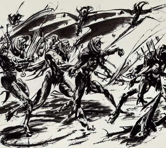 Image similar to four medeival adventurers flee, a group of mantis men, pen and ink, by frank Frazetta